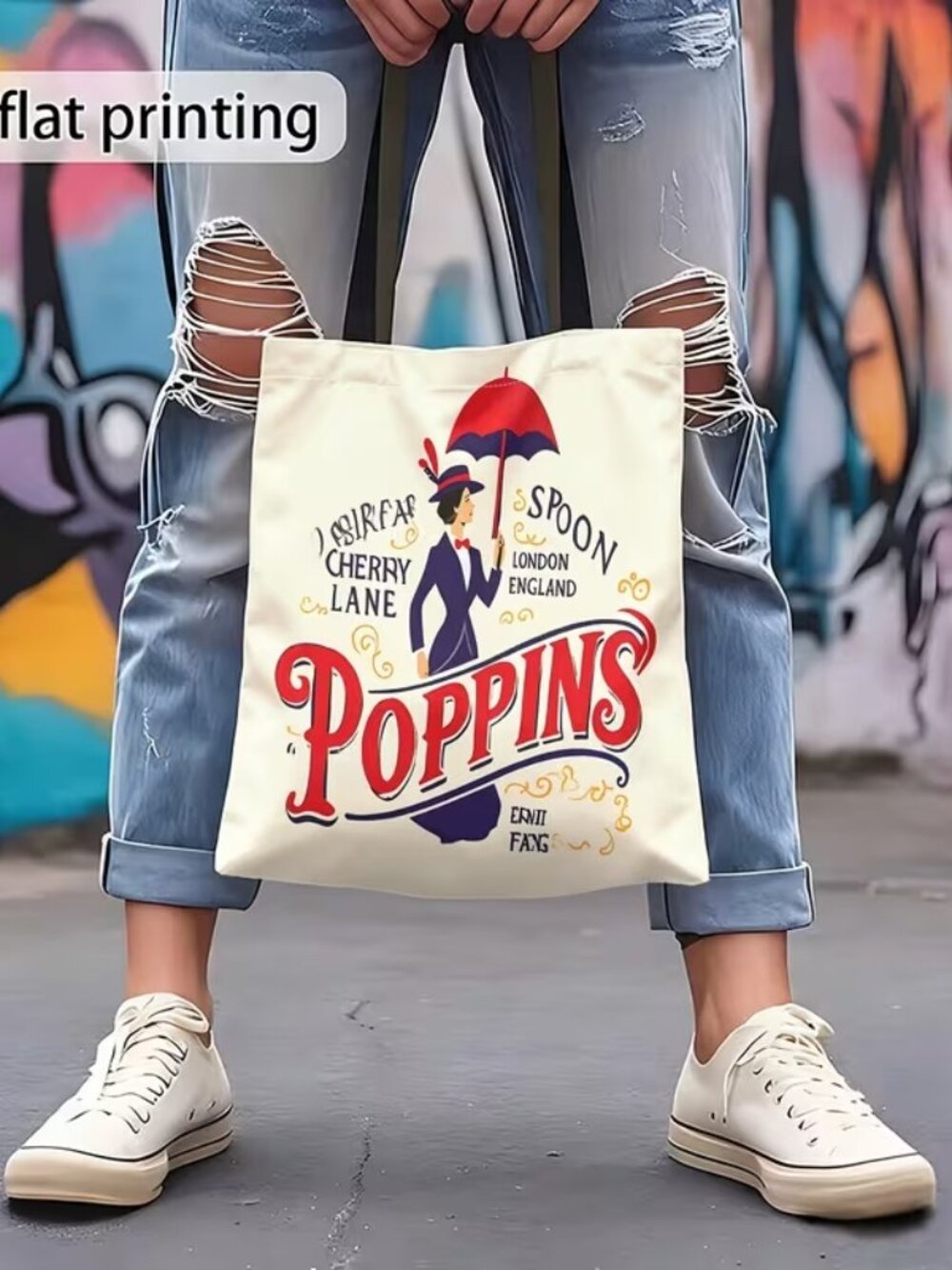 Mary Poppins Umbrella Cherry Lane Print Shoulder Bag, Reusable Shopping Bag - Picture 2 of 3